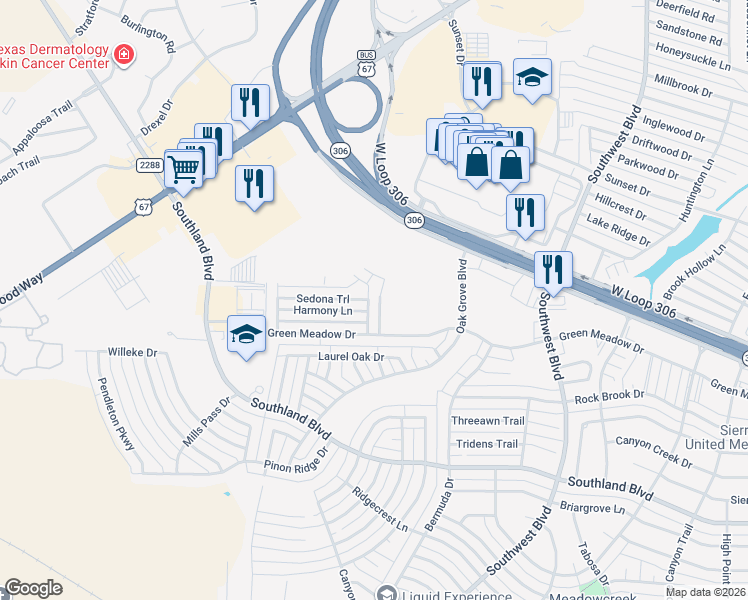 map of restaurants, bars, coffee shops, grocery stores, and more near 4358 Rimrock Circle in San Angelo