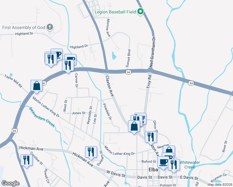 map of restaurants, bars, coffee shops, grocery stores, and more near 810 Claxton Avenue in Elba