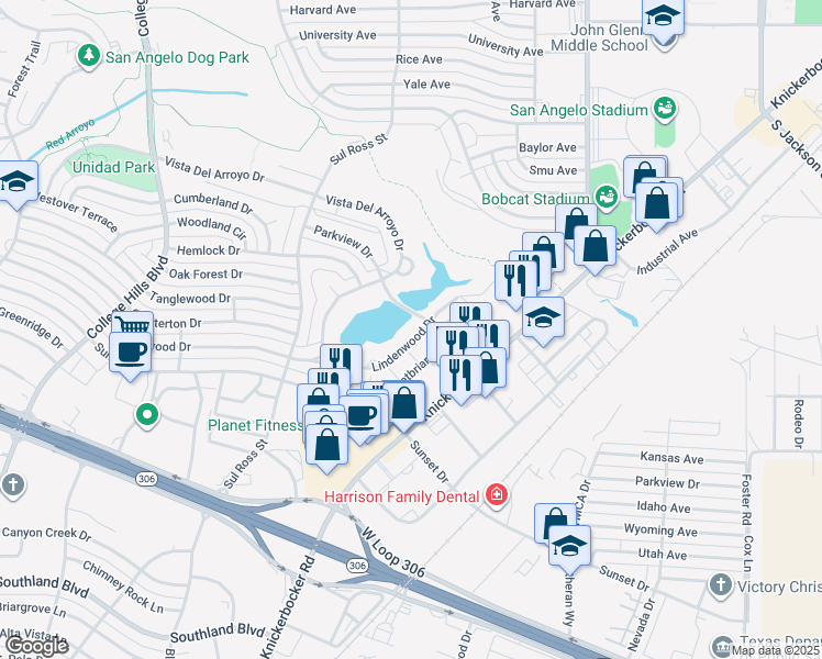 map of restaurants, bars, coffee shops, grocery stores, and more near 2518 Lindenwood Drive in San Angelo