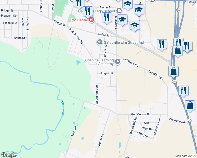 map of restaurants, bars, coffee shops, grocery stores, and more near 809 Golf Course Road in Gatesville