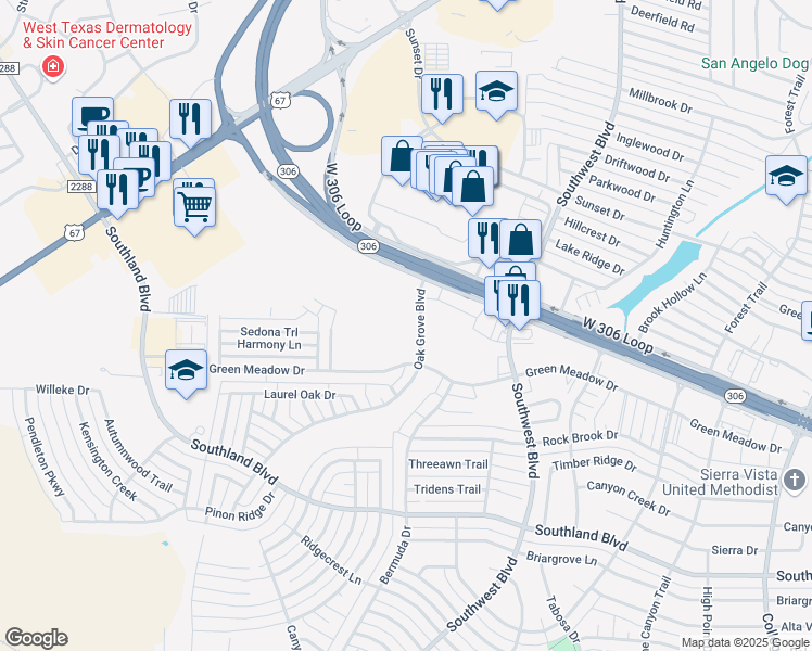 map of restaurants, bars, coffee shops, grocery stores, and more near 4359 Oak Grove Boulevard in San Angelo
