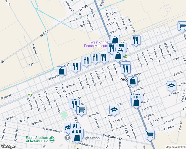 map of restaurants, bars, coffee shops, grocery stores, and more near 320 South Willow Street in Pecos
