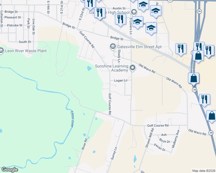 map of restaurants, bars, coffee shops, grocery stores, and more near 809 Golf Course Road in Gatesville