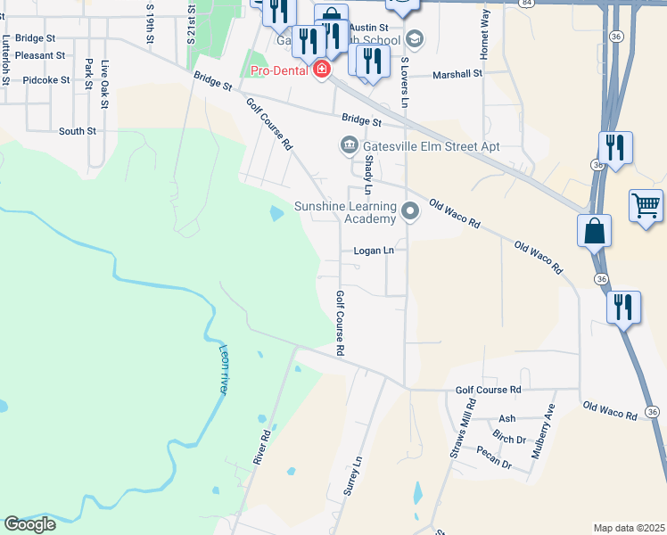 map of restaurants, bars, coffee shops, grocery stores, and more near 809 Golf Course Road in Gatesville