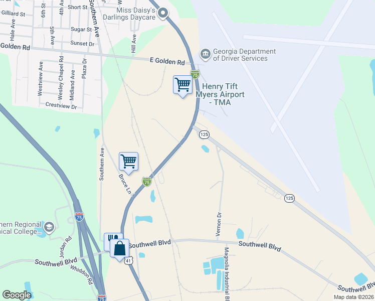 map of restaurants, bars, coffee shops, grocery stores, and more near 13 Amoco Road in Tifton