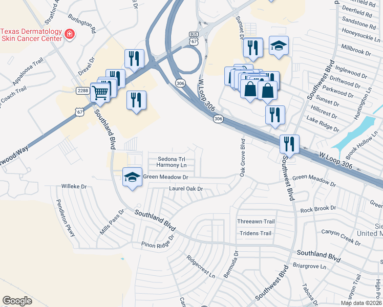 map of restaurants, bars, coffee shops, grocery stores, and more near 4358 Rimrock Circle in San Angelo