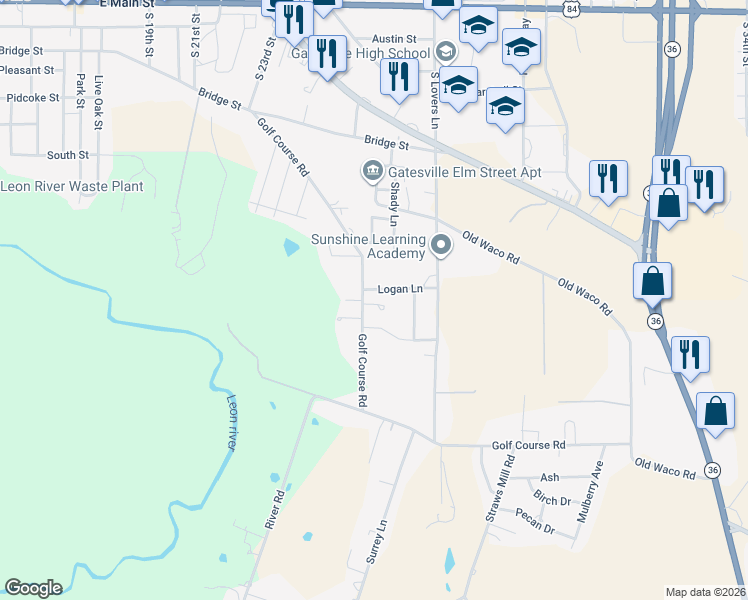 map of restaurants, bars, coffee shops, grocery stores, and more near 809 Golf Course Road in Gatesville