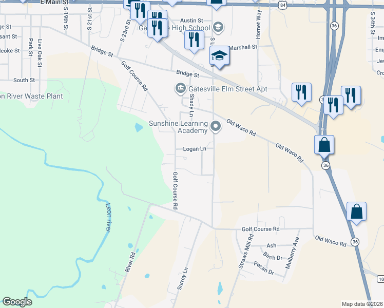 map of restaurants, bars, coffee shops, grocery stores, and more near 902 Clover Street in Gatesville