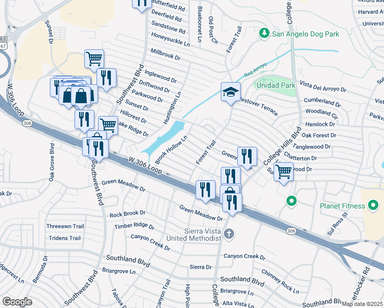 map of restaurants, bars, coffee shops, grocery stores, and more near 4201-4249 Forest Trail in San Angelo