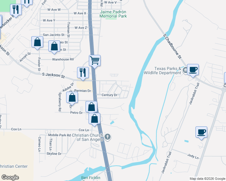 map of restaurants, bars, coffee shops, grocery stores, and more near 4823-4899 Century Drive in San Angelo