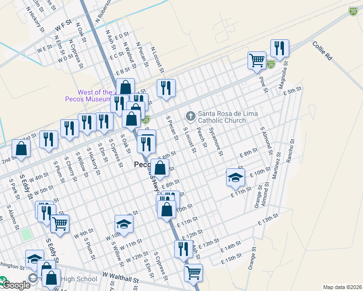 map of restaurants, bars, coffee shops, grocery stores, and more near 515 South Locust Street in Pecos