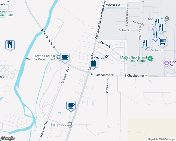 map of restaurants, bars, coffee shops, grocery stores, and more near Shadetree Lane in San Angelo