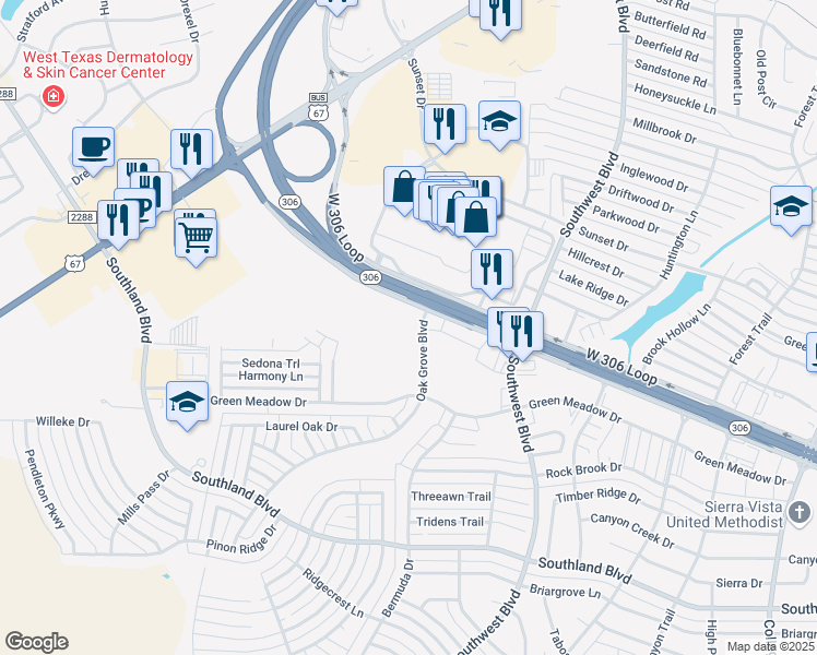 map of restaurants, bars, coffee shops, grocery stores, and more near 4139-4187 West 306 Loop in San Angelo