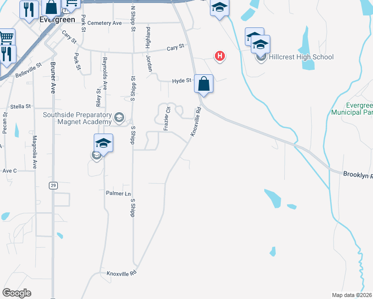 map of restaurants, bars, coffee shops, grocery stores, and more near 143-165 Knoxville Road in Evergreen