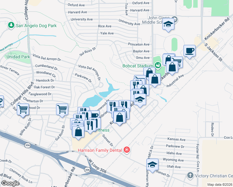 map of restaurants, bars, coffee shops, grocery stores, and more near 2300 Lindenwood Drive in San Angelo