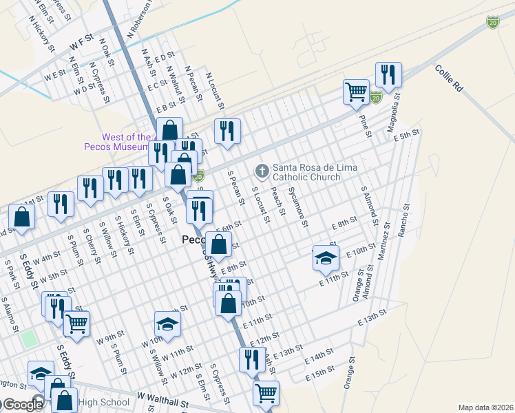 map of restaurants, bars, coffee shops, grocery stores, and more near 515 South Locust Street in Pecos