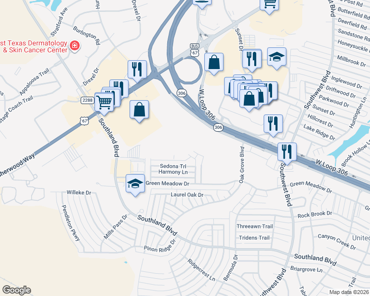 map of restaurants, bars, coffee shops, grocery stores, and more near 4342 Rimrock Circle in San Angelo
