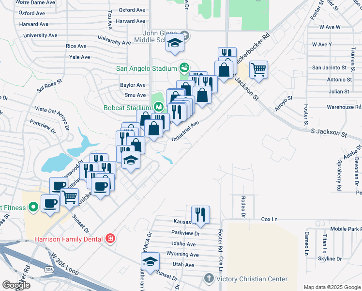 map of restaurants, bars, coffee shops, grocery stores, and more near 2123 Industrial Avenue in San Angelo