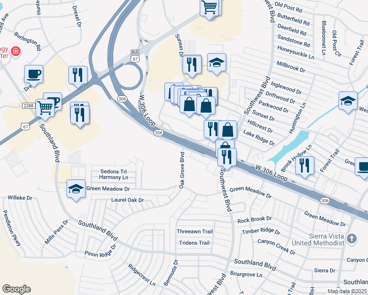 map of restaurants, bars, coffee shops, grocery stores, and more near 4139 West 306 Loop in San Angelo