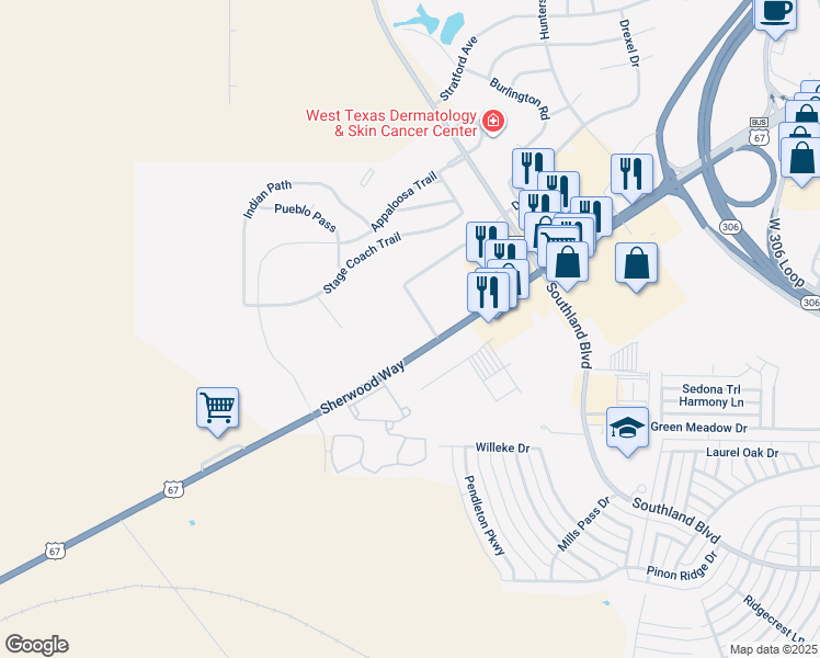 map of restaurants, bars, coffee shops, grocery stores, and more near 6000-6664 Sherwood Way in San Angelo