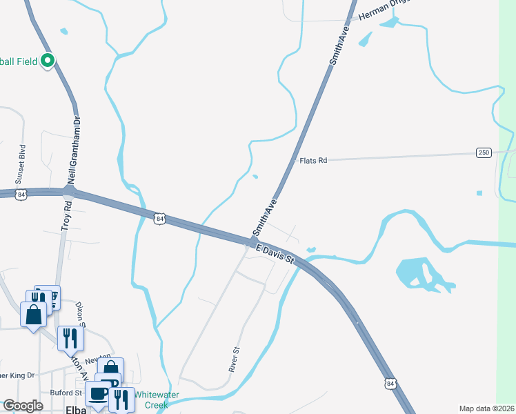 map of restaurants, bars, coffee shops, grocery stores, and more near 901 Smith Avenue in Elba