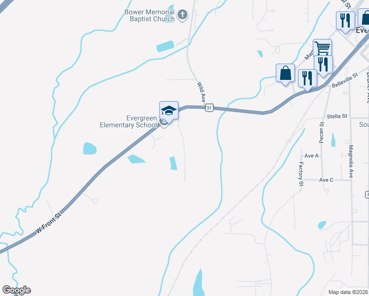 map of restaurants, bars, coffee shops, grocery stores, and more near Kendall Avenue in Evergreen