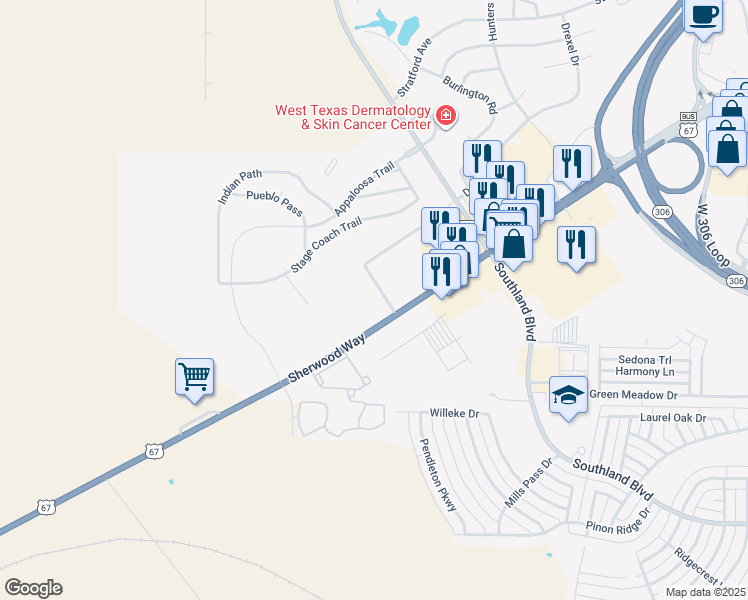 map of restaurants, bars, coffee shops, grocery stores, and more near 6000 Sherwood Way in San Angelo