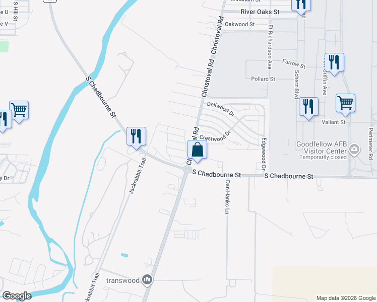 map of restaurants, bars, coffee shops, grocery stores, and more near Shadetree Lane in San Angelo