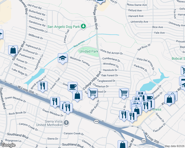 map of restaurants, bars, coffee shops, grocery stores, and more near 3201 Chatterton Drive in San Angelo