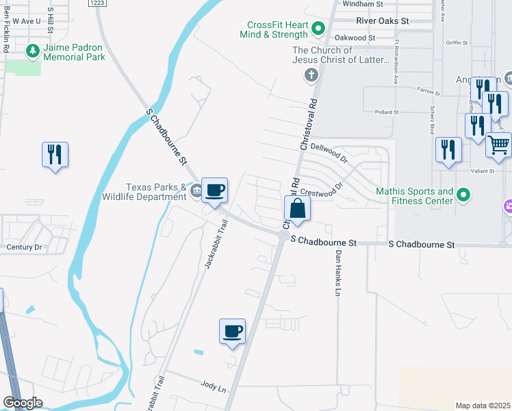 map of restaurants, bars, coffee shops, grocery stores, and more near Shade Tree Lane in San Angelo