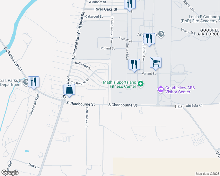 map of restaurants, bars, coffee shops, grocery stores, and more near 3206 Edgewood Drive in San Angelo