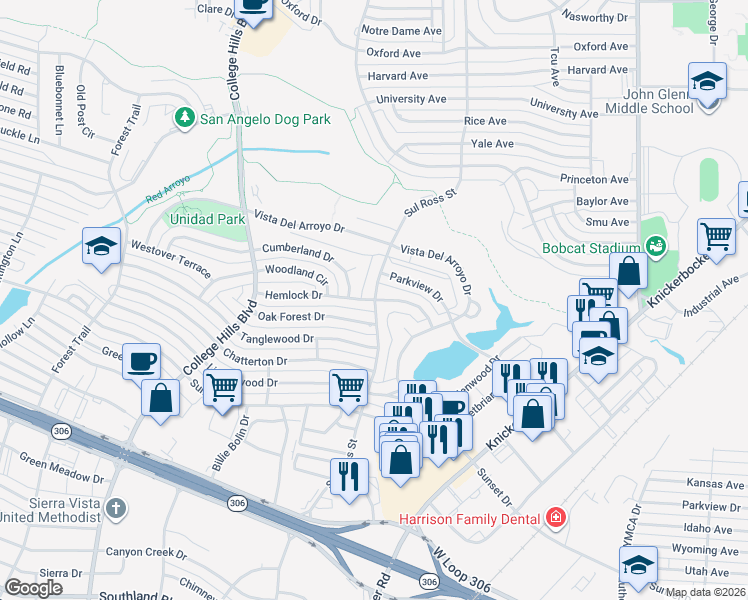 map of restaurants, bars, coffee shops, grocery stores, and more near 3499 Sul Ross Street in San Angelo