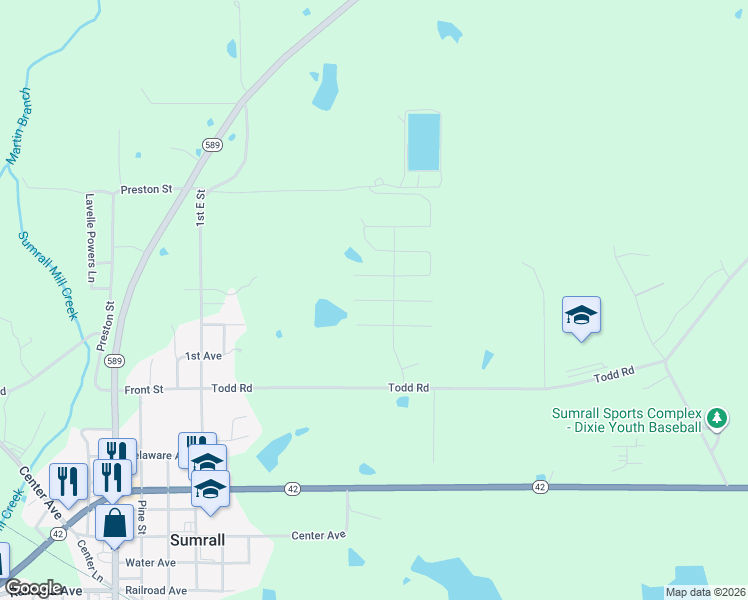 map of restaurants, bars, coffee shops, grocery stores, and more near West Spruce in Sumrall