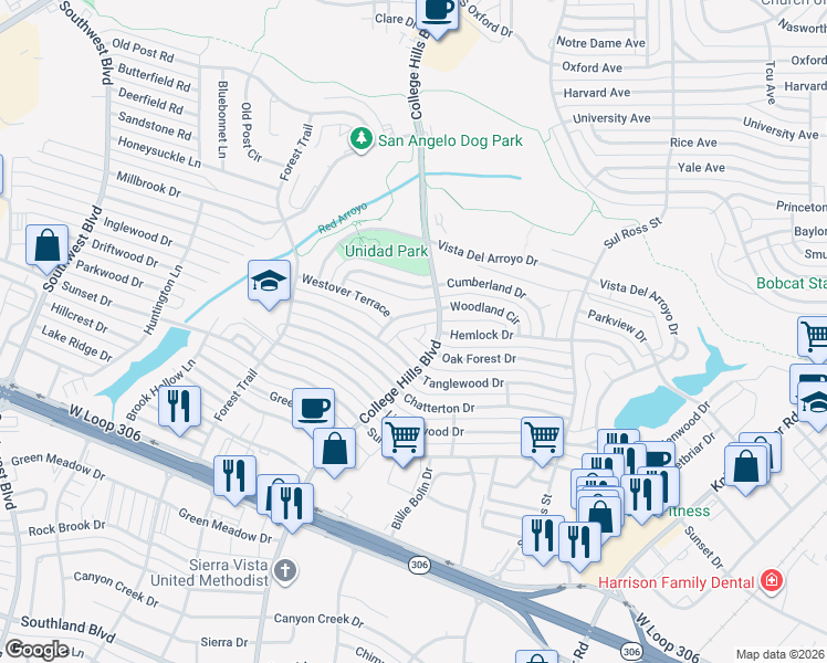map of restaurants, bars, coffee shops, grocery stores, and more near 3216 Oak Forest Court in San Angelo