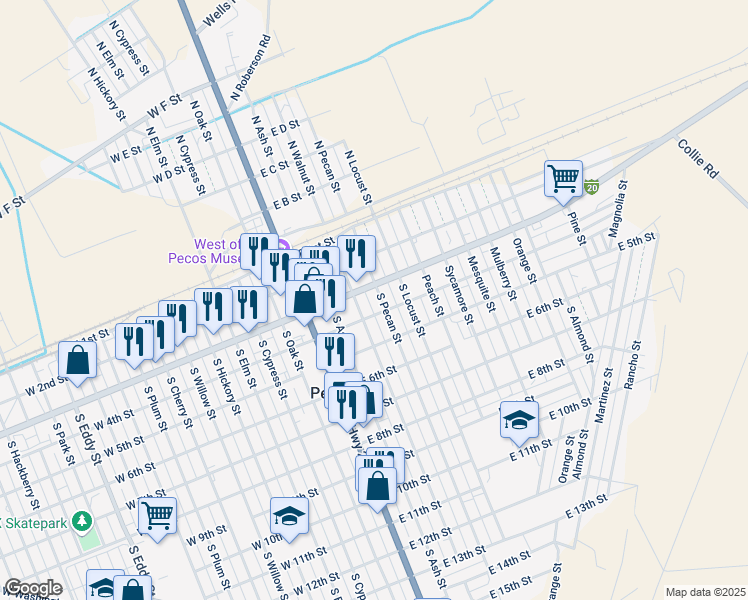 map of restaurants, bars, coffee shops, grocery stores, and more near 300-398 South Pecan Street in Pecos
