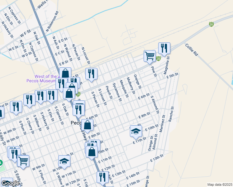 map of restaurants, bars, coffee shops, grocery stores, and more near 413 Sycamore Street in Pecos