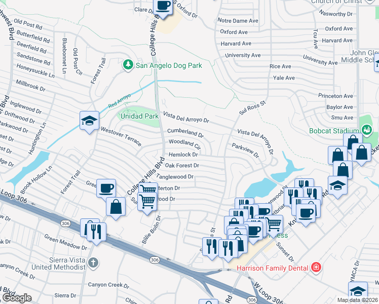 map of restaurants, bars, coffee shops, grocery stores, and more near 3008 Hemlock Drive in San Angelo