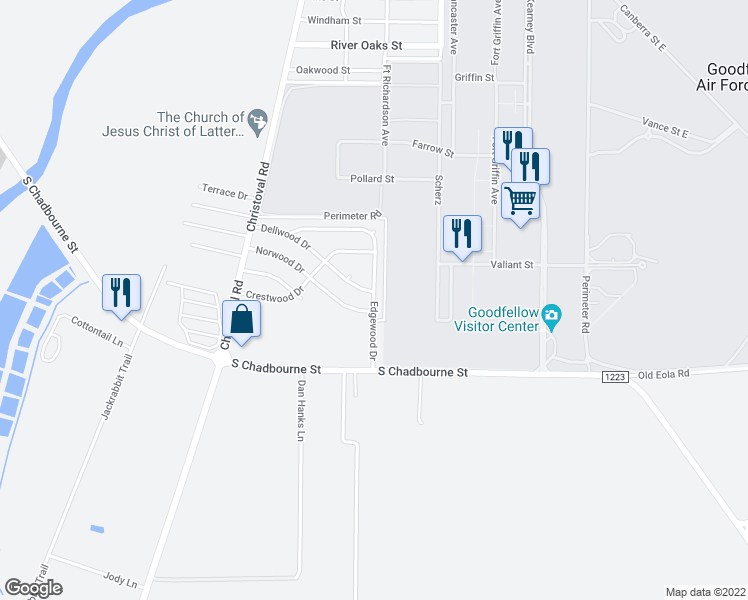map of restaurants, bars, coffee shops, grocery stores, and more near 3302 Edgewood Drive in San Angelo