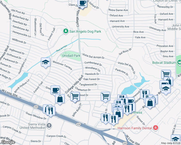 map of restaurants, bars, coffee shops, grocery stores, and more near 3008 Hemlock Drive in San Angelo
