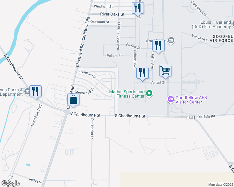 map of restaurants, bars, coffee shops, grocery stores, and more near 3206 Edgewood Drive in San Angelo