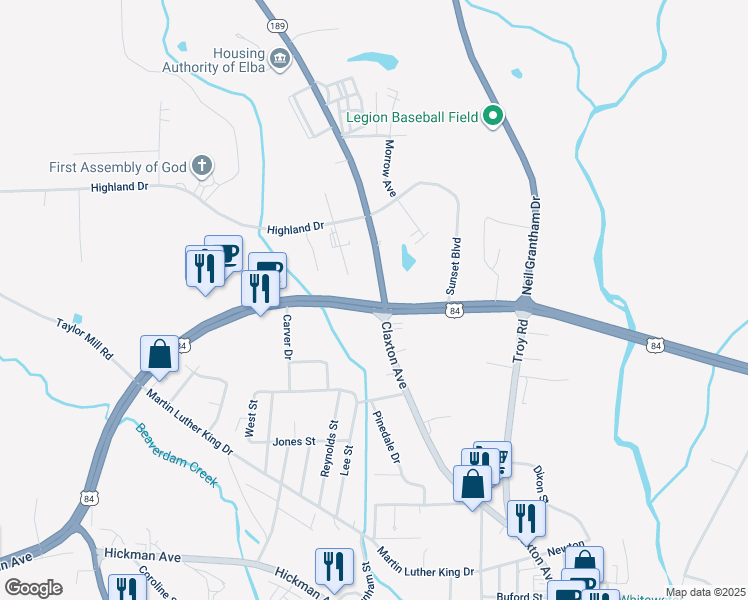 map of restaurants, bars, coffee shops, grocery stores, and more near 913 Claxton Avenue in Elba