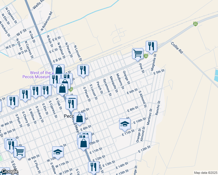 map of restaurants, bars, coffee shops, grocery stores, and more near 413 Sycamore Street in Pecos
