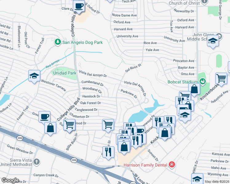 map of restaurants, bars, coffee shops, grocery stores, and more near 3401-3499 Sul Ross St in San Angelo