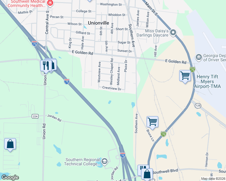 map of restaurants, bars, coffee shops, grocery stores, and more near 516 Crestview Drive in Tifton
