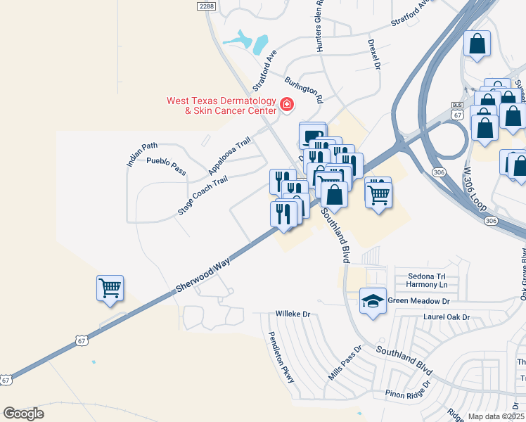 map of restaurants, bars, coffee shops, grocery stores, and more near 6101 Grand Court Road in San Angelo