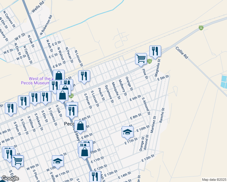 map of restaurants, bars, coffee shops, grocery stores, and more near 418 Mesquite Street in Pecos