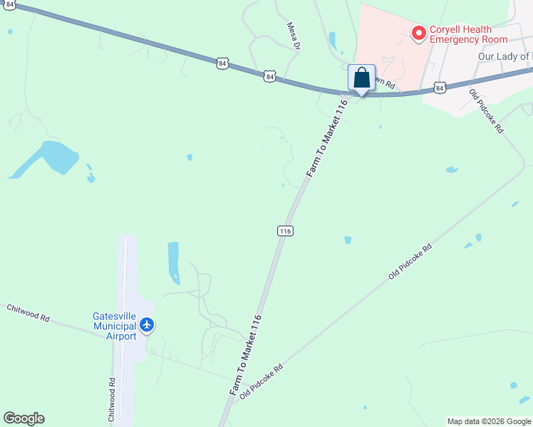 map of restaurants, bars, coffee shops, grocery stores, and more near 204 Farm to Market Road 116 in Gatesville