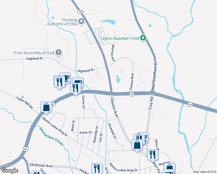 map of restaurants, bars, coffee shops, grocery stores, and more near 913 Claxton Avenue in Elba