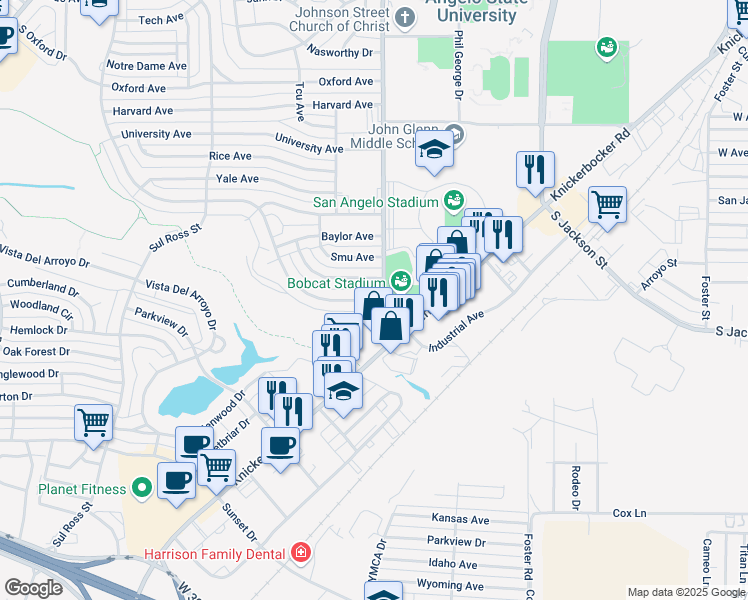 map of restaurants, bars, coffee shops, grocery stores, and more near 2138 A and M Avenue in San Angelo