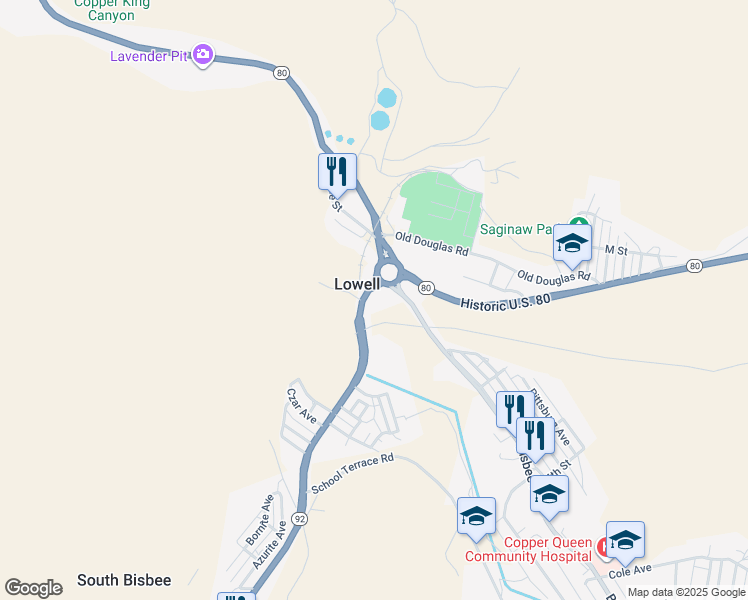 map of restaurants, bars, coffee shops, grocery stores, and more near Arizona 92 in Bisbee